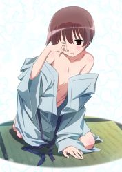 Rule 34 | 1girl, blush, brown eyes, brown hair, commentary request, convenient censoring, flat chest, kneeling, looking at viewer, makicha (sasurainopink), miyanaga saki, off shoulder, one eye closed, parted lips, saki (manga), solo, sweatdrop, waking up, wiping face