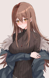 Rule 34 | 1girl, black sweater, blue jacket, blush, brown eyes, brown hair, fur-trimmed jacket, fur trim, grey background, hair between eyes, highres, jacket, jewelry, kinona, long hair, long sleeves, looking at viewer, nose blush, off shoulder, open clothes, open jacket, original, parted lips, pendant, ribbed sweater, simple background, solo, sweater, turtleneck, turtleneck sweater, upper body, very long hair