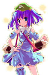 Rule 34 | 1girl, adapted costume, backlighting, bare shoulders, blue eyes, blue hair, detached sleeves, eretto, female focus, hair bobbles, hair ornament, hand on own hip, hat, hip focus, holster, kawashiro nitori, key, looking at viewer, matching hair/eyes, short hair, solo, thigh holster, thighhighs, touhou, twintails, two side up