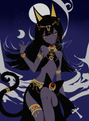 Rule 34 | 1girl, animal ears, ankh, armlet, artist name, black hair, black nails, blue background, blunt bangs, bracelet, cat ears, cat tail, circlet, colored sclera, flat chest, full moon, head tilt, highres, jewelry, long hair, looking at viewer, midriff, moon, nail polish, necklace, original, sheya, shoulder tattoo, solo, standing, stomach, tail, tattoo, thighlet, very long hair, yellow sclera