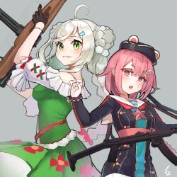 Rule 34 | 2girls, 43m (girls&#039; frontline), absurdres, ahoge, animal ears, braid, commission, commissioner upload, danuvia 43m, girls&#039; frontline, gloves, green eyes, gun, hair ornament, hairpin, highres, hungarian clothes, inomata konomu, looking at viewer, multiple girls, panda ears, pink eyes, pink hair, pps-43, pps-43 (girls&#039; frontline), sailor, sailor collar, simple background, skeb commission, smile, soviet army, submachine gun, weapon, white hair
