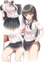 Rule 34 | 1girl, black hair, blue ribbon, blush, bra, brown eyes, buttons, chair, clothes lift, collared shirt, grey skirt, grey vest, hair ornament, hair over shoulder, hayashio (kancolle), highres, kantai collection, lifted by self, long hair, multiple views, neck ribbon, open clothes, open mouth, open vest, panties, pink bra, pink panties, pleated skirt, ribbon, school chair, shirt, short sleeves, simple background, skirt, skirt lift, underwear, vest, white background, white shirt, zuki