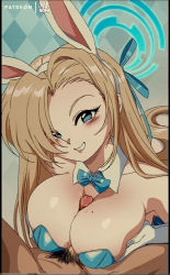 Rule 34 | animal ears, aqua leotard, argyle, argyle background, argyle clothes, asuna (blue archive), asuna (bunny) (blue archive), blue archive, bluethebone, blush, bow, bowtie, breasts, gloves, grin, hair over one eye, halo, hetero, highres, large breasts, leotard, light brown hair, looking at viewer, male pubic hair, mole, mole on breast, paizuri, penis, playboy bunny, pubic hair, rabbit ears, retro artstyle, smile, traditional bowtie, uncensored, white gloves