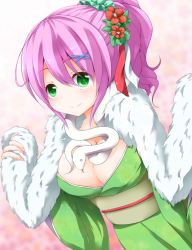 Rule 34 | 1girl, animal, breasts, chro, cleavage, flower, green eyes, hair flower, hair ornament, hairclip, large breasts, original, pink hair, ponytail, scarf, smile, snake, solo