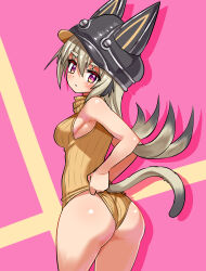Rule 34 | 1girl, adjusting clothes, adjusting leotard, animal hat, ass, black hair, black hat, breasts, brown leotard, cat girl, cat hat, cat tail, closed mouth, commentary, cougar (cougar1404), cowboy shot, english commentary, from behind, gradient hair, grey hair, hat, heattech leotard, leotard, light frown, looking at viewer, looking back, medium breasts, multicolored hair, original, pink background, red eyes, ribbed leotard, shadow, sleeveless, solo, standing, tail, turtleneck, wedgie