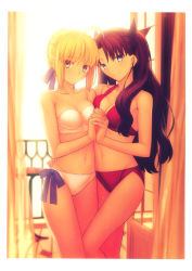 Rule 34 | 2girls, absurdres, artoria pendragon (all), artoria pendragon (fate), bikini, black bow, blonde hair, blue eyes, blue ribbon, blurry, blurry background, blush, bow, braid, braided bun, breast press, breasts, brown hair, cleavage, closed mouth, collarbone, fate/stay night, fate (series), green eyes, hair between eyes, hair bow, hair bun, hair ribbon, hand on another&#039;s hip, highres, holding hands, interlocked fingers, long hair, medium breasts, multiple girls, navel, official alternate costume, parted lips, red bikini, ribbon, saber (fate), short hair, side-tie bikini bottom, sidelocks, smile, standing, strapless, strapless bikini, swimsuit, symmetrical docking, takeuchi takashi, tohsaka rin, twintails, very long hair, white bikini, yuri