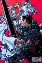 Rule 34 | 2boys, armor, armored animal, artist name, avery kua, bandaged arm, bandages, barding, berserk, black hair, blood, blood on face, crossed swords, dragonslayer (sword), feet out of frame, fighting, griffith (berserk), guts (berserk), highres, holding, holding sword, holding weapon, horse, long hair, looking at another, multiple boys, prosthesis, prosthetic arm, red background, short hair, sword, teeth, weapon, white hair