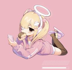 1girl 2000s_(style) bandages blonde_hair blush donut food highres holding holding_phone kmnk_(kumanuko) looking_at_phone original phone simple_background slippers solo twintails white_background