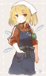 Rule 34 | 1girl, alternate costume, anchor symbol, apron, armband, blush, brown eyes, commentary, cropped legs, fish, green armband, green ribbon, hair between eyes, hand in pocket, ina (1813576), kantai collection, light brown hair, long hair, long sleeves, looking at viewer, michishio (kancolle), parted lips, red track suit, ribbon, saury, signature, simple background, sleeves rolled up, tenugui, twintails, zipper