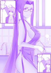 Rule 34 | 1boy, 2girls, ahoge, apron, artoria pendragon (all), artoria pendragon (fate), blazer, breasts, comic, emiya shirou, fate/stay night, fate (series), from side, glasses, jacket, large breasts, long hair, medusa (fate), medusa (rider) (fate), monochrome, multiple girls, naked apron, pink theme, purple theme, saber (fate), shady (373162955), sideboob, square pupils, track jacket, very long hair