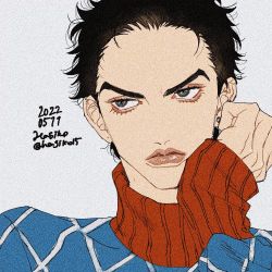 Rule 34 | 1boy, black hair, dated, earrings, frown, green eyes, grey background, guido mista, hagiko15, hand on own cheek, hand on own face, hand up, jewelry, jojo no kimyou na bouken, long sleeves, looking away, looking to the side, male focus, no headwear, short hair, signature, single earring, sleeves past wrists, solo, sweater, thick eyebrows, turtleneck, turtleneck sweater, v-shaped eyebrows, vento aureo