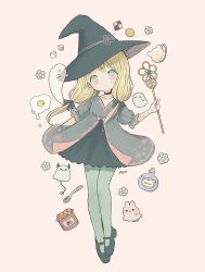 Rule 34 | 1girl, ayu (mog), black bow, black dress, black footwear, black hat, blonde hair, blue flower, bow, commentary, cookie, demon horns, demon tail, dress, egg (food), english commentary, flower, food, fried egg, full body, ghost, green pantyhose, grey robe, hair bow, hat, highres, holding, holding wand, horns, jam, looking at viewer, mary janes, original, pantyhose, potion, puffy short sleeves, puffy sleeves, robe, shoes, short sleeves, signature, simple background, solo, spoon, sugar cube, tail, tan background, twintails, wand, witch, witch hat