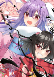 Rule 34 | 2girls, absurdres, alternate costume, animal ears, black hair, blue sash, blush, calligraphy brush, chinese zodiac, commentary request, dutch angle, floppy ears, floral print, grin, highres, holding, holding paintbrush, inaba tewi, ink, japanese clothes, kimono, long hair, looking at viewer, medium hair, multiple girls, obi, open mouth, pahenyon, paintbrush, pink kimono, print kimono, purple eyes, rabbit ears, rabbit girl, red eyes, red kimono, reisen udongein inaba, sash, smile, touhou, upper body, year of the rabbit, yellow sash