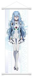 1girl absurdly_long_hair alternate_hair_length alternate_hairstyle ayanami_rei blue_hair bodysuit evangelion:_3.0+1.0_thrice_upon_a_time full_body highres interface_headset long_hair neon_genesis_evangelion official_art pilot_suit plugsuit rebuild_of_evangelion red_eyes short_hair smile solo very_long_hair white_bodysuit