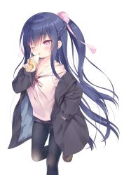 Rule 34 | 1girl, black jacket, black pantyhose, blue hair, blush, braid, brown footwear, coat, collarbone, eating, food, hair between eyes, hair tie, half updo, hand in pocket, hand up, heart, highres, holding food, holding ice cream, hood, hood down, hoodie, ice cream, jacket, long hair, long sleeves, micro shorts, na-ga, neck ribbon, off shoulder, one eye closed, open clothes, open coat, original, pantyhose, pink eyes, pink hoodie, pink ribbon, ribbon, shorts, sidelocks, simple background, sleeves past wrists, solo, tongue, tongue out, very long hair, walking, white background
