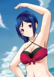 Rule 34 | 1girl, artist name, artist request, bare shoulders, bikini, black bikini, blue hair, blue sky, blush, breasts, cleavage, cloud, collarbone, criss-cross halter, female focus, front-tie bikini top, front-tie top, hair between eyes, halterneck, high ponytail, highres, long hair, long sleeves, looking at viewer, love live!, love live! school idol festival, love live! sunshine!!, matsuura kanan, medium breasts, nail, nail polish, outdoors, outstretched arms, parted lips, ponytail, purple eyes, red bikini, sky, smile, solo, swimsuit, two-tone bikini, upper body, white nails