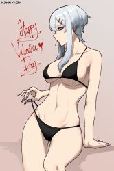 Rule 34 | 1girl, artist name, bare shoulders, bikini, black bikini, breasts, cherry, collarbone, commentary, english commentary, english text, food, food in mouth, from side, fruit, grey hair, hair ornament, hairclip, happy valentine, heart, highres, holding, holding clothes, holding swimsuit, k3nnyn3v, leaning back, looking at viewer, mole, mole on breast, nail polish, navel, open mouth, original, purple eyes, short hair, sidelocks, simple background, solo, stomach, swimsuit