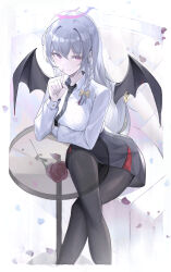 Rule 34 | 1girl, absurdres, black necktie, black pantyhose, black skirt, black wings, blue archive, bow, braid, collared shirt, commentary request, crossed legs, demon girl, demon wings, glass table, grey hair, hair bow, halo, haruna (blue archive), highres, long sleeves, looking at viewer, necktie, pantyhose, pink eyes, pink halo, round table, shirt, single braid, sitting, skirt, smile, solo, table, white hair, white shirt, wings, yellow bow, zxcould23