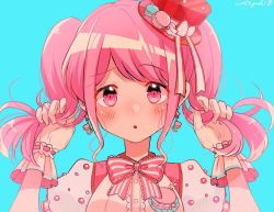 Rule 34 | 1girl, :o, artist name, bad id, bad twitter id, bang dream!, blue background, blush, bow, bowtie, commentary request, earrings, food, gloves, hands up, hat, hat ribbon, holding, holding own hair, jewelry, looking at viewer, macaron, maruyama aya, pink bow, pink bowtie, pink eyes, pink hair, red hat, ribbon, ribbon-trimmed gloves, ribbon trim, sidelocks, simple background, solo, striped bow, striped bowtie, striped clothes, striped neckwear, twintails, upper body, wata yuki
