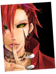 Rule 34 | barbed wire, black eyes, black sclera, colored sclera, no eyebrows, original, piercing, red hair, scar, yellow pupils