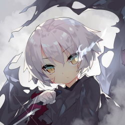 Rule 34 | 1girl, backlighting, bandaged arm, bandages, black cloak, cloak, closed mouth, expressionless, facial scar, fate/grand order, fate (series), flaming eye, fog, glint, green eyes, hair between eyes, hand up, head tilt, holding, holding knife, holding weapon, jack the ripper (fate/apocrypha), knife, looking at viewer, multicolored eyes, saru, scar, scar across eye, scar on cheek, scar on face, short hair, silver hair, slit pupils, solo, torn cloak, torn clothes, tsurime, upper body, weapon, wind, yellow eyes