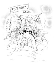 Rule 34 | 4girls, animal ears, baby, batta (kanzume quality), blush, drooling, exhausted, fox ears, greyscale, heart, long hair, monochrome, multiple girls, open mouth, original, sleeping, smile, sweat, tears, translation request