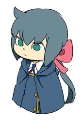 Rule 34 | 10s, 1girl, :|, artist request, blue hair, bow, cape, closed mouth, constanze amalie von braunschbank-albrechtsberger, green eyes, hair bow, little witch academia, lowres, ponytail, simple background, solo, upper body, white background