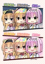 Rule 34 | 3girls, ^ ^, arihara nanami, ascot, black hairband, blonde hair, blue eyes, blush, bob cut, bow, bowtie, chibi, chibi only, chitose sana, closed eyes, closed mouth, commentary, commentary request, company connection, crossover, disgust, double bun, empty eyes, eyelashes, eyes visible through hair, fang, frown, furrowed brow, green eyes, grey background, hair between eyes, hair bun, hairband, happy, heart, heart-shaped pupils, heart in mouth, highres, jacket, jitome, long hair, looking afar, multiple crossover, multiple girls, open mouth, pink background, pink hair, pink shirt, red bow, red bowtie, red eyes, red sailor collar, riddle joker, sailor collar, school uniform, shirt, short hair, side-by-side, simple background, skin fang, smile, straight hair, symbol-shaped pupils, tanikaze amane, tenshi souzou re-boot!, tenshinranman, tft (tft7822), trait connection, tsurime, twitter username, two side up, upper body, v-shaped eyebrows, white shirt, yellow ascot, yellow jacket, yuzu-soft