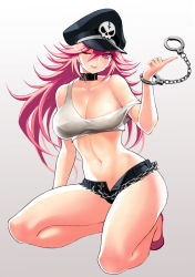 Rule 34 | 1girl, bad id, bad pixiv id, bare legs, breasts, chain, choker, cuffs, final fight, gradient background, grey background, handcuffs, hat, hiro1984, large breasts, long hair, navel, off shoulder, one eye closed, on one knee, peaked cap, pink eyes, pink hair, poison (final fight), short shorts, shorts, solo, tank top