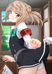 Rule 34 | 1girl, 1other, armband, clenched teeth, clipboard, clothes lift, commentary request, cowboy shot, double bun, dress, dress lift, flat chest, gloves, green neckwear, hair bun, highres, indoors, kantai collection, light brown hair, michishio (kancolle), mofu namako, panties, pinafore dress, remodel (kantai collection), school uniform, shirt, short twintails, sleeveless dress, solo focus, teeth, twintails, underwear, white gloves, white panties, white shirt, window