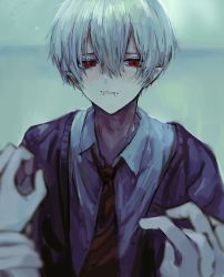 Rule 34 | 1boy, bad id, bad pixiv id, blush, cardigan, closed mouth, commentary, fangs, grey background, hair between eyes, hzk (user kemd2843), male focus, necktie, original, pointy ears, purple cardigan, red eyes, red necktie, shirt, simple background, solo focus, symbol-only commentary, upper body, white hair, white shirt