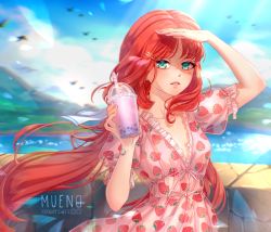 Rule 34 | 1girl, alternate costume, artist name, blurry, blurry background, bubble tea, contemporary, cup, disposable cup, dress, drinking straw, food print, frills, genshin impact, green eyes, grin, hair ornament, hairpin, highres, long hair, looking at viewer, muenoart, nail polish, nilou (genshin impact), pink nails, puffy sleeves, red hair, shading eyes, short sleeves, smile, solo, strawberry print, wind