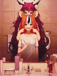 Rule 34 | 2girls, absurdres, animal ears, bathroom, black hair, blue eyes, hakos baelz, heterochromia, highres, holding, holding toothbrush, hololive, hololive english, irys (hololive), long hair, lotion bottle, messy hair, mouse ears, mouse girl, multicolored hair, multiple girls, open mouth, purple eyes, purple hair, red hair, saliva, shirt, sink, streaked hair, toothbrush, virtual youtuber, white hair, white shirt, yto9