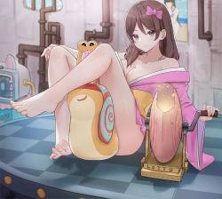 Rule 34 | 1girl, bare legs, bare shoulders, barefoot, blurry, blurry background, bow, breasts, brown eyes, brown hair, character request, cleavage, collarbone, commentary request, feet, full body, hair bow, highres, indoors, japanese clothes, kimono, large breasts, legs, lim (ramu), long sleeves, looking at viewer, obi, off shoulder, on table, pink bow, pink kimono, sash, smile, snail, solo, table, the marvelous snail, toes, wide sleeves, yellow sash