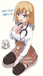 Rule 34 | 1girl, black thighhighs, blonde hair, brown skirt, character name, commentary, detective, dress shirt, green eyes, hair ornament, hand on own chin, high-waist skirt, highres, hololive, hololive english, long hair, looking at viewer, medium hair, miniskirt, necktie, open mouth, plaid, plaid skirt, pleated skirt, pocket watch, red necktie, seiza, shadow, shirt, simple background, sitting, skirt, smile, snort, solo, stethoscope, thigh strap, thighhighs, virtual youtuber, watch, watson amelia, white background, white shirt, wing collar, zono (inokura syuzo029)