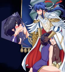 Rule 34 | 1boy, 1girl, :o, absurdres, biting, black hair, blue hair, blush, clothes down, commission, commissioner upload, cum, cum in mouth, cum in throat, cum overflow, cut-in, deepthroat, fellatio, fire emblem, fire emblem: genealogy of the holy war, fire emblem heroes, grabbing another&#039;s hair, hand on another&#039;s head, hands on another&#039;s head, head grab, hetero, highres, kneeling, larcei (fire emblem), lip biting, long hair, male pubic hair, nintendo, non-web source, open mouth, oral, penis, pillar, pubic hair, rs40uchiha, seliph (fire emblem), short hair, simple background, uncensored, wide-eyed, x-ray