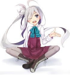 Rule 34 | 10s, 1girl, ;d, ahoge, asashimo (kancolle), boots, bow, bowtie, cross-laced footwear, full body, grey eyes, grey pantyhose, hair over one eye, highres, kantai collection, lace-up boots, long hair, long sleeves, looking at viewer, one eye closed, open mouth, pantyhose, ponytail, school uniform, silver hair, simple background, sitting, skirt, smile, solo, toki/, white background