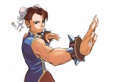 Rule 34 | 1girl, blue dress, bracelet, brown eyes, brown hair, brown pantyhose, bun cover, capcom, china dress, chinese clothes, chun-li, cowboy shot, double bun, dress, earrings, fighting stance, hair bun, highres, jewelry, muscular, muscular female, owy2clawz, pantyhose, side slit, simple background, sleeveless, sleeveless dress, solo, spiked bracelet, spikes, street fighter, white background