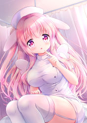 Rule 34 | 1girl, animal ears, breasts, chiika (cure cherish), curtains, finger to mouth, garter straps, hat, index finger raised, indoors, large breasts, long hair, nurse, nurse cap, on bed, original, parted lips, pink eyes, pink hair, rabbit ears, shirt, sitting, thighhighs, two side up, white shirt, white thighhighs