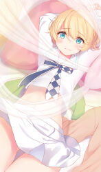 Rule 34 | 1girl, ahoge, arms behind head, arms up, blonde hair, blue eyes, blue ribbon, blush, capelet, capelet removed, collared shirt, crop top, curtains, esia mariveninne (komone ushio), flat chest, frown, furrowed brow, gluteal fold, green capelet, highres, jacket, komone ushio, looking at viewer, lying, midriff, miniskirt, navel, on back, original, pillow, pink jacket, pleated skirt, ribbon, school uniform, shirt, short hair, skirt, solo, thighs, uniform, unworn jacket, white shirt, white skirt