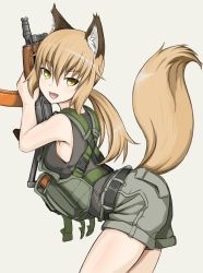 Rule 34 | 1girl, :d, aks-74u, animal ears, ass, assault rifle, belt, bent over, blonde hair, commentary request, fangs, fox ears, fox girl, fox tail, gun, harness, highres, holding, holding gun, holding weapon, kalashnikov rifle, leaning forward, looking at viewer, military, open mouth, original, ponytail, pouch, rifle, shorts, smile, solo, tail, tail raised, tank top, thighs, tsuchi2026, weapon, white background, yellow eyes