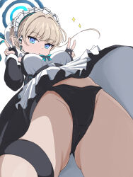 Rule 34 | 1girl, aqua bow, aqua bowtie, bamiyanpixel, black gloves, black panties, blonde hair, blue archive, blue eyes, bow, bowtie, breasts, double v, earpiece, fingerless gloves, from below, gloves, halo, highres, long sleeves, looking at viewer, maid, maid headdress, medium breasts, panties, toki (blue archive), underwear, v, white wrist cuffs, wrist cuffs