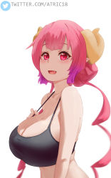 Rule 34 | 1girl, arm at side, atric18, bare shoulders, black shirt, breasts, cleavage, commentary, curled horns, dragon horns, drill hair, english commentary, fang, from side, gradient hair, halterneck, hand up, highres, horns, huge breasts, ilulu (maidragon), kobayashi-san chi no maidragon, long hair, looking at viewer, looking to the side, multicolored hair, open mouth, pointy ears, purple hair, red eyes, red hair, shirt, simple background, slit pupils, solo, spaghetti strap, strap gap, tank top, twin drills, twintails, twitter logo, twitter username, two-tone hair, upper body, very long hair, watermark, web address, white background