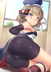 Rule 34 | 1girl, ass, azur lane, bare shoulders, beret, bike shorts, blue eyes, blush, bow, breasts, cameltoe, closed mouth, commentary request, cross, detached sleeves, dutch angle, embarrassed, from behind, hair bow, hat, indoors, iron cross, light brown hair, looking at viewer, medium breasts, off shoulder, panties, panties under bike shorts, pantylines, pantyshot, shiny skin, short hair, skindentation, solo, swept bangs, tears, torimaru, underwear, wavy mouth, window, wooden floor, z23 (azur lane)