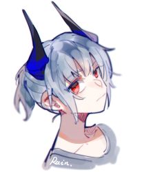 Rule 34 | 1girl, arknights, dragon girl, dragon horns, grey hair, grey shirt, horns, liskarm (arknights), looking at viewer, red eyes, shirt, short hair, simple background, solo, t-shirt, white background, xiao lu