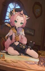Rule 34 | 1girl, absurdres, animal ears, bare shoulders, card game, cat, cat ears, cat girl, cat tail, child, detached sleeves, diona (genshin impact), genius invokation tcg, genshin impact, gloves, green eyes, hat, highres, pink hair, shijiuuuuuuu, short hair, shorts, sitting, solo, tail