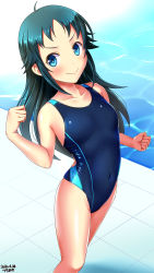 Rule 34 | 1girl, artist name, blue eyes, blue one-piece swimsuit, collarbone, competition swimsuit, covered navel, cowboy shot, dated, eyebrows, flat chest, floor, forehead, from above, highleg, highleg swimsuit, highres, idolmaster, idolmaster cinderella girls, indoors, looking up, nanjo hikaru, one-piece swimsuit, pool, poolside, rei no pool, skindentation, solo, sunlight, swimsuit, tsuchimiya, water, waves
