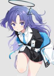 1girl, bangs, bare legs, belt, belt pouch, black jacket, black skirt, black suit, blue archive, blue neckwear, blush, breasts, collared shirt, commentary, cowboy shot, eyebrows visible through hair, formal, grey background, halo, highres, ica, jacket, leaning forward, long hair, looking at viewer, miniskirt, necktie, notice lines, off shoulder, open clothes, open jacket, parted bangs, parted lips, pleated skirt, pouch, purple eyes, purple hair, shirt, shoes, simple background, skirt, skirt set, skirt suit, small breasts, solo, standing, standing on one leg, suit, thighs, two side up, white belt, white jacket, white shirt, wing collar, yuuka (blue archive)