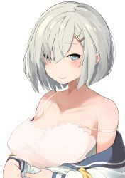 Rule 34 | 10s, 1girl, 3:, blue eyes, breasts, bright pupils, camisole, cleavage, closed mouth, hair ornament, hair over one eye, hairclip, hamakaze (kancolle), highres, kantai collection, kei (soundcross), large breasts, off shoulder, sailor collar, sailor shirt, shirt, short hair, silver hair, simple background, solo, strap gap, strap slip, sweatdrop, upper body, white background, white pupils