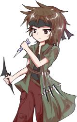 Rule 34 | 1other, alphes (style), androgynous, atoymk, black headband, black shirt, brown eyes, brown hair, commentary request, dagger, frown, green shirt, headband, holding, holding dagger, holding knife, holding weapon, knife, kurohebi, len&#039;en, open clothes, open shirt, other focus, pants, parody, pocket, red pants, shirt, short hair, short sleeves, simple background, solo, style parody, transparent background, v-neck, weapon